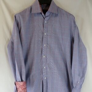 Haggar Mens Blue Red Micro Check Plaid Dress Shirt Paisley Trim Cuff/Slve Large